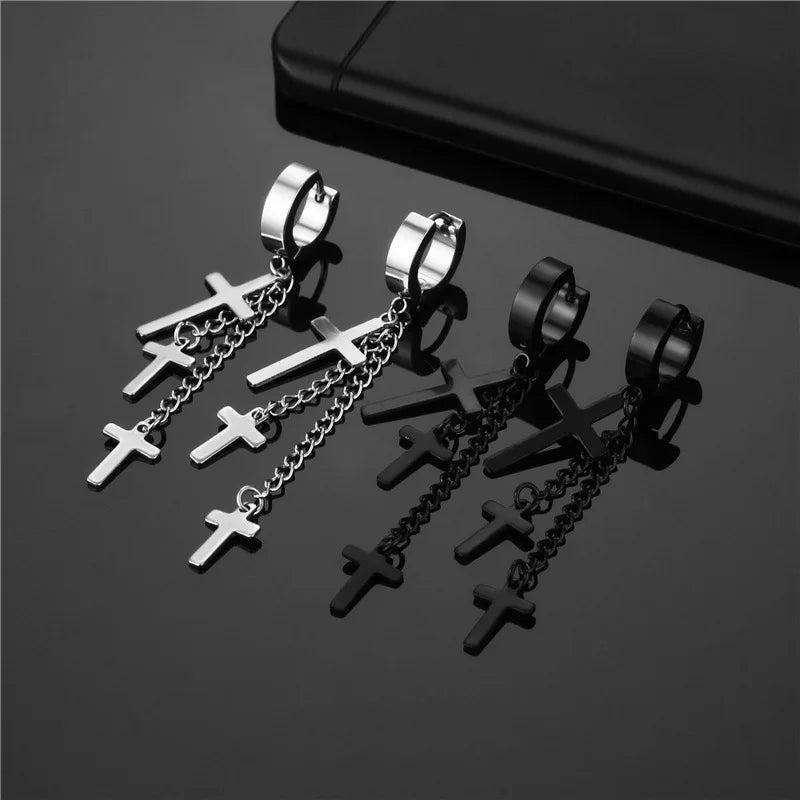 Punk Titanium Steel 3 Cross Tassel Drop Ear Clip Stud Earring Men Women Silver Color Black Goth Piercing Ear Circle