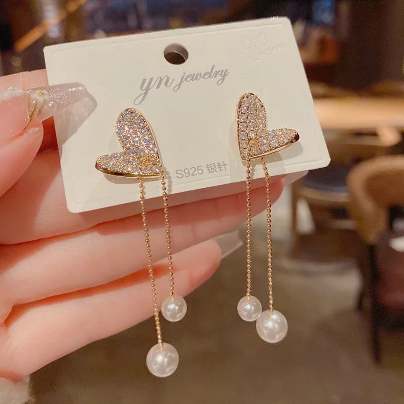 Asymmetrical Rhinestone Heart Pearl Tassel Drop Earrings Women Korean Fashion Charm Gold Color Dangle Earring Gift