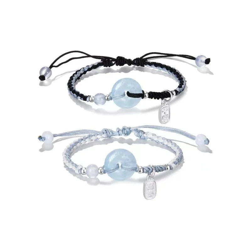 Chinese Style Blue Gemstone Safety Buckle Lucky Bracelet Girls Rhinestone Couples Braided Rope Sweet Bracelets